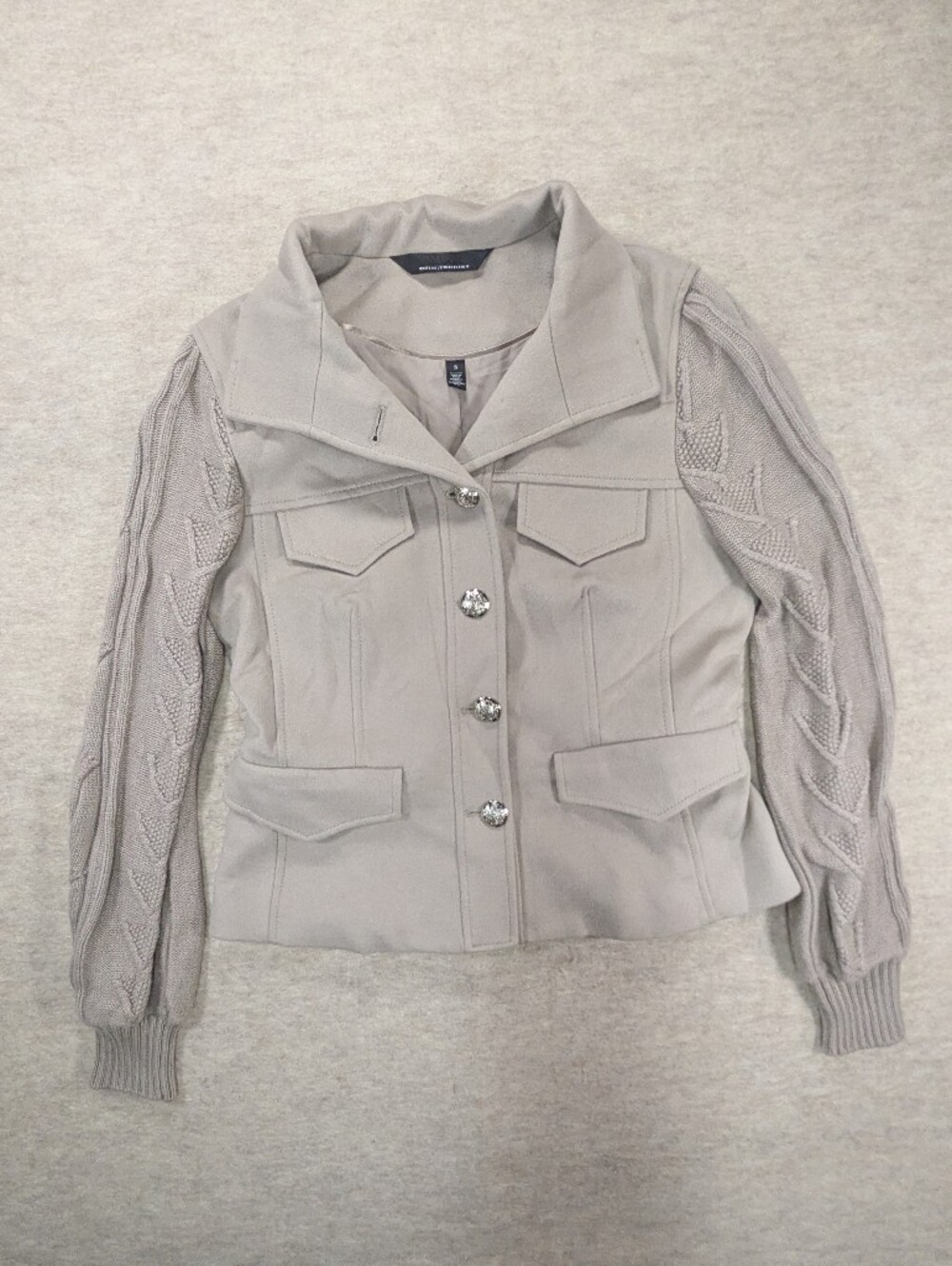 Whitehouse Veronica Beard Dupe Beige Jacket Knit Sleeves Buttoned Military Sz S